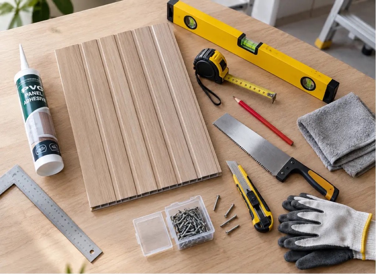 Alat pemasangan wallboard PVC seperti lem, waterpass, meteran, dan panel kayu ditata di atas meja kerja