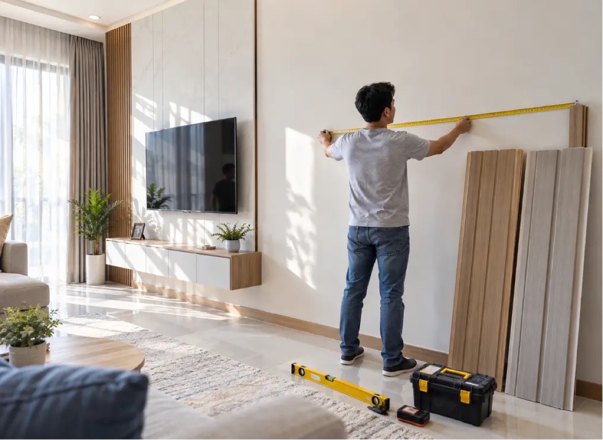 Pria mengukur dinding ruang tamu sebelum memasang wallboard PVC