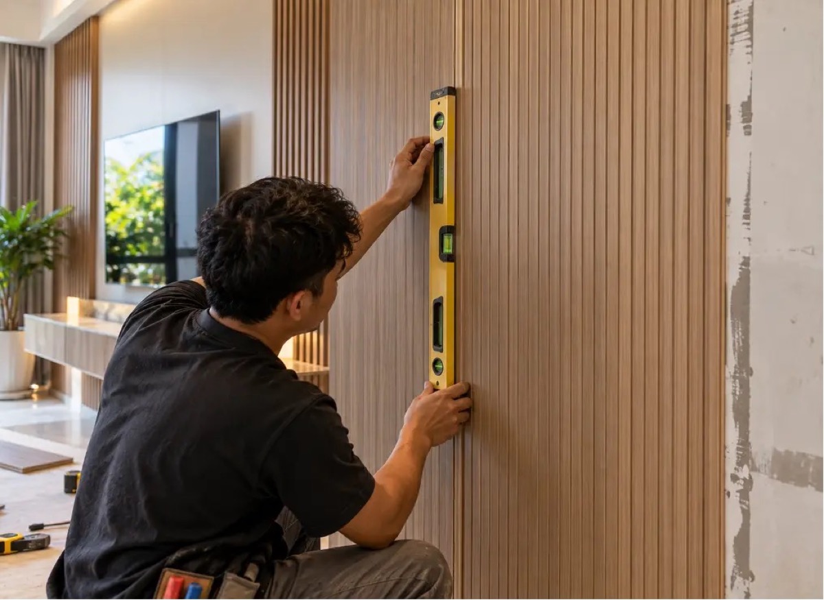 Pemasangan panel wallboard PVC dicek dengan waterpass agar garis sambungan tetap tegak